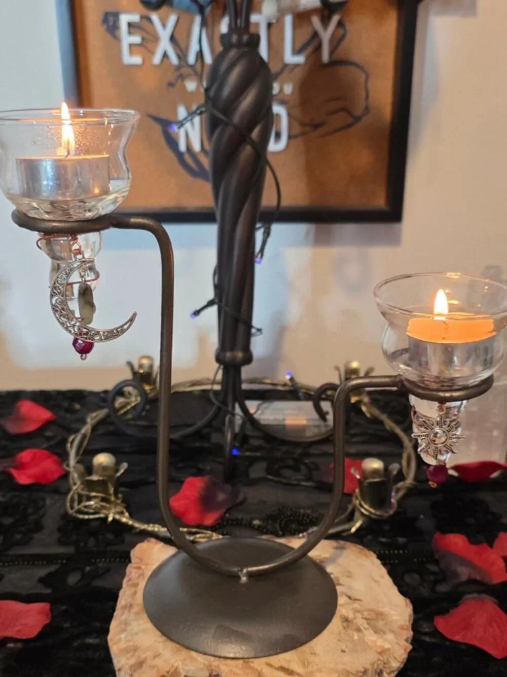 Gothic Celestial Candle Holder | Labradorite Moon, Sun Charms, Wrapped Copper